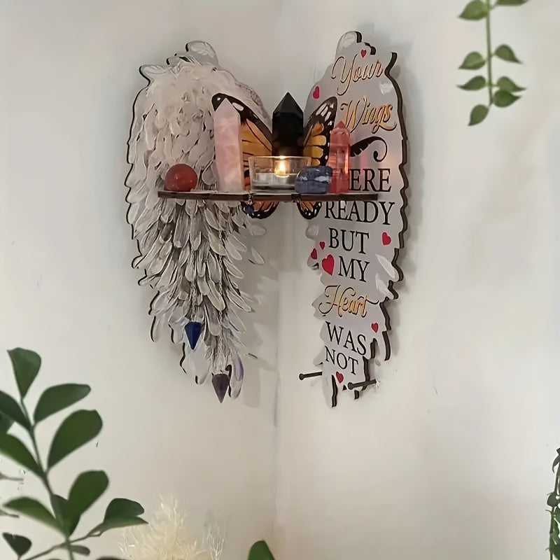[Everyday Comfort] Boho Wooden Angel Wing Wall Shelf - Handcrafted Floating Display Holder with Inspirational Quote, Perfect for Home Decor, Books, or Crystals, 30.0cm x 19.99cm, Spiritual Decor | Angel Wing Design | Natural Wood Shelf, Angel Decor