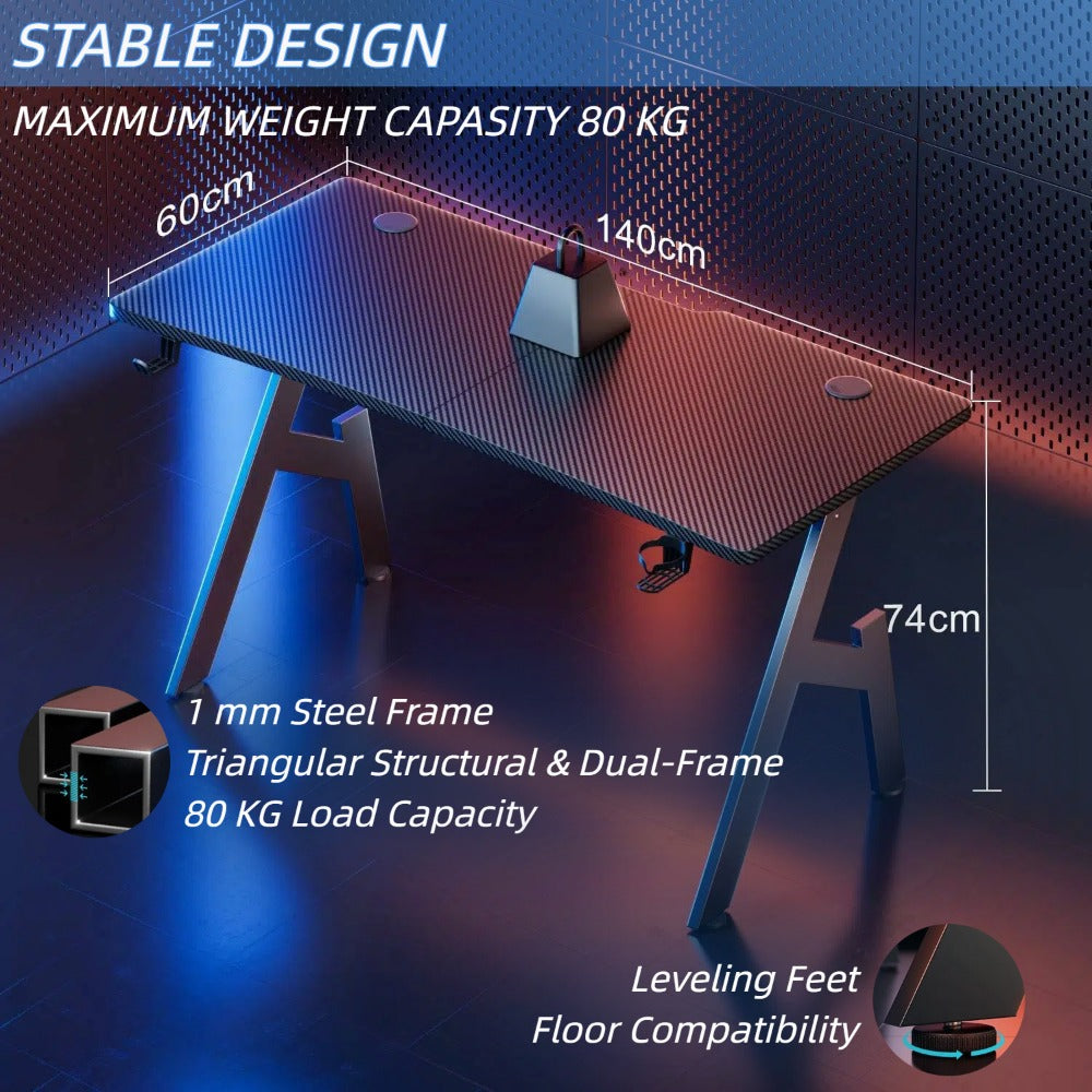 Gaming Desk with Cup Holder & Headphone Hook – A-Shaped Carbon Fibre PC Table for Home Office, Simple Assembly, Black (80 x 50 cm)