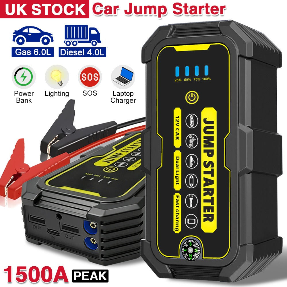 Portable Jump Starter 1500A Peak 12V, Car Battery Booster for 6.0L Petrol & 4.0L Diesel Engines with LCD Display, USB-C Quick Charge & 3-Mode LED Flashlight – Lithium Jump Pack for UK Drivers