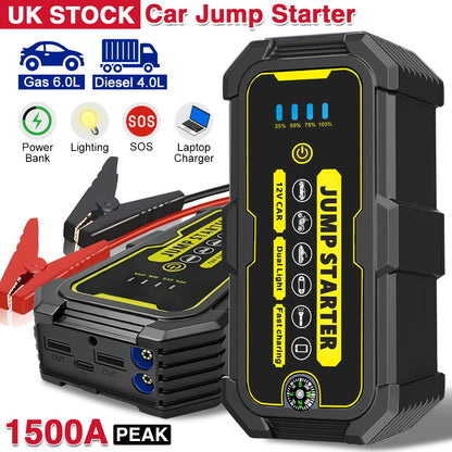 Portable Jump Starter 1500A Peak 12V, Car Battery Booster for 6.0L Petrol & 4.0L Diesel Engines with LCD Display, USB-C Quick Charge & 3-Mode LED Flashlight – Lithium Jump Pack for UK Drivers