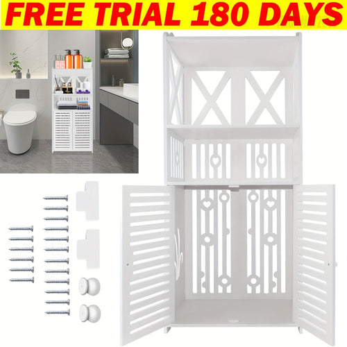 Freestanding Bathroom Floor Cabinet with Double Door & Shelf – Slim PVC Storage Unit for Bathroom, Kitchen & Hallway, White 40x25x90cm
