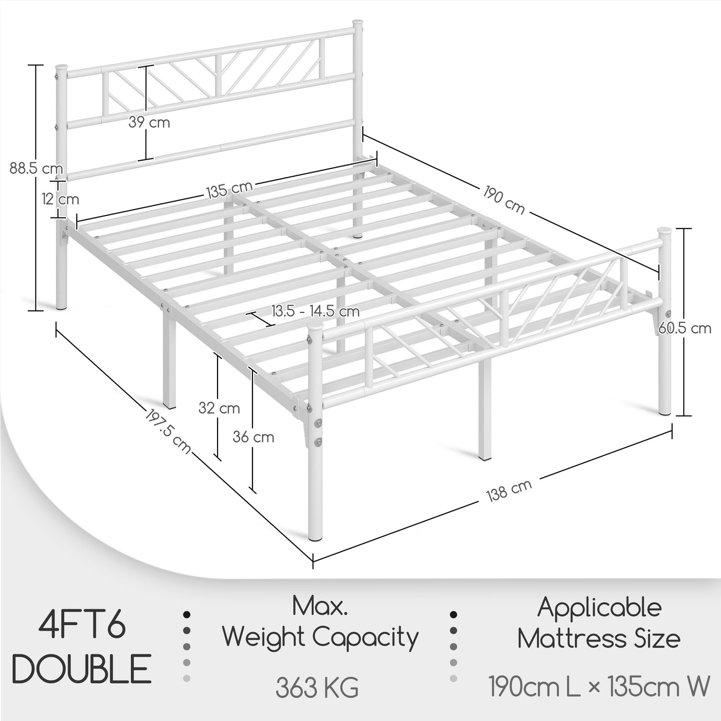 Costoffs Metal Platform Bed Frame, Single/Double/King Sizes, Mattress Foundation with Arrow Design Headboard & Footboard, Built-in Steel Slats, 32cm Underbed Storage, No Box Spring Needed, Black/White