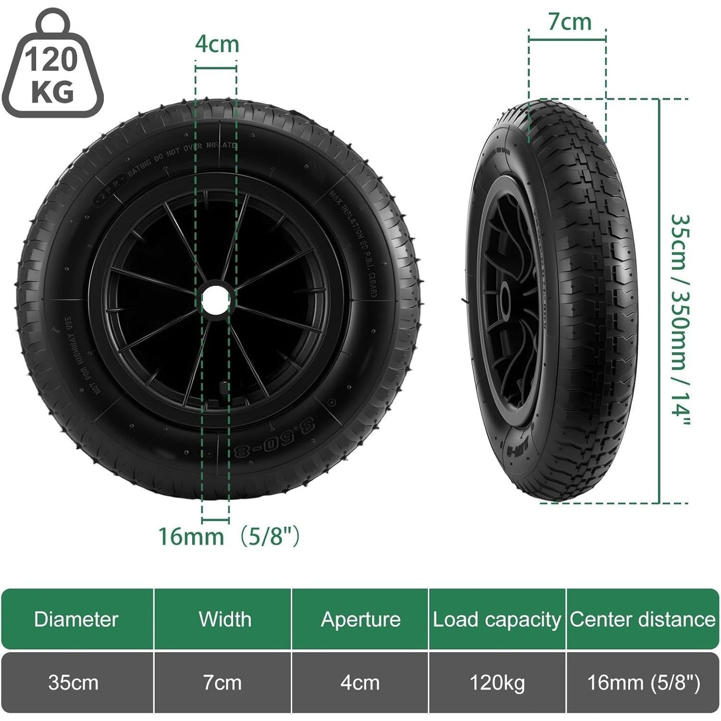 14" 350mm 5-8 Wheelbarrow Wheel Solid Tyre/ Pneumatic Inflatable Tyre with 16mm Centre Wheels Replacement Heavy Duty Wheels Wheelbarrow Tyre for Garden Trolley Barrow Cart