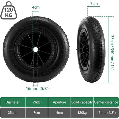 14" 350mm 5-8 Wheelbarrow Wheel Solid Tyre/ Pneumatic Inflatable Tyre with 16mm Centre Wheels Replacement Heavy Duty Wheels Wheelbarrow Tyre for Garden Trolley Barrow Cart