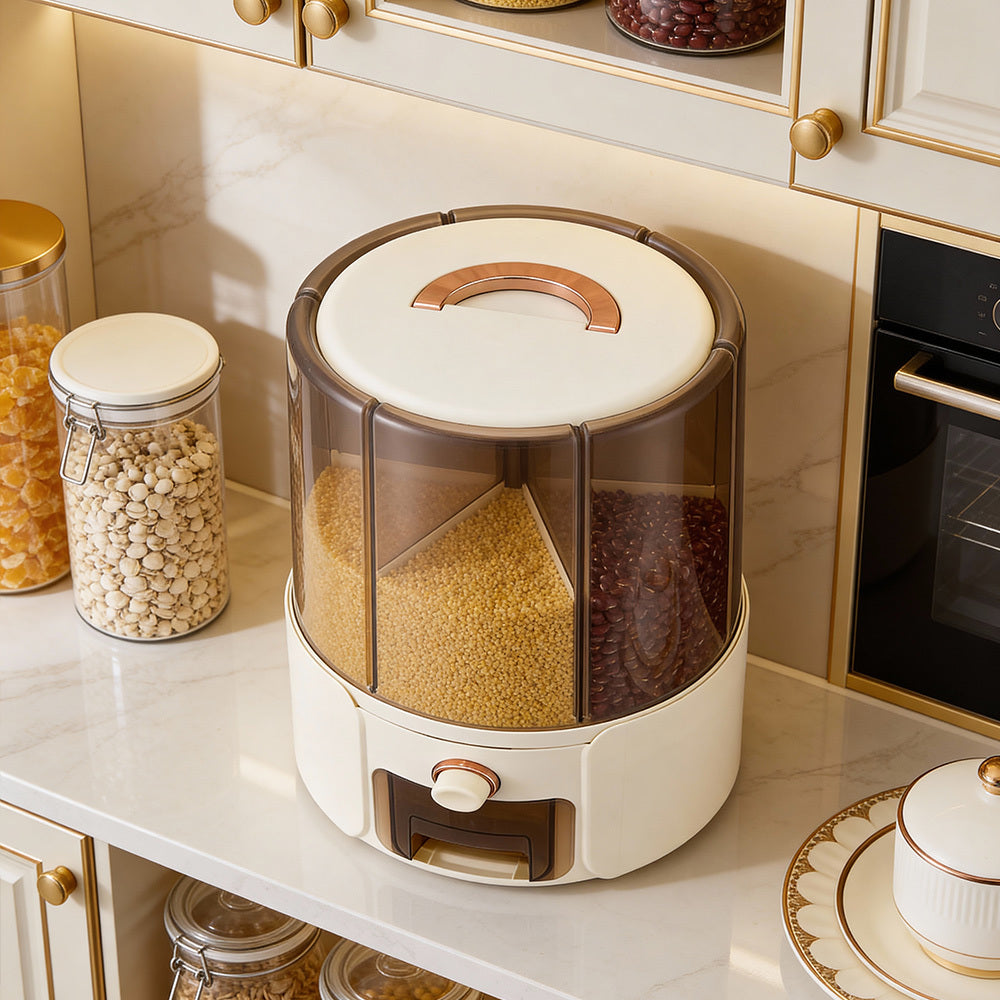 Transparent Grain Storage Containers, 6 Grid 360 ° Rotating Kitchen Rice Bucket, Rotating Dry Food Dispenser, Rotating Food Storage Dispenser, Space Saving, Cream Yellow