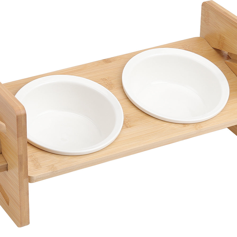 Raised Cat Bowl, Cat Bowls with Stand Tilted 15°, Adjustable Elevated Ceramic Cat Food Bowl for Cats and Small Dog, Adjustable Dog Bowl Stand - Raised Bamboo Stand with One, Two, or Three Ceramic Bowls for Feeding Small,Medium Sized Dogs, Cats,and Pets -