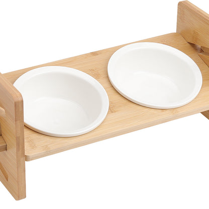 Raised Cat Bowl, Cat Bowls with Stand Tilted 15°, Adjustable Elevated Ceramic Cat Food Bowl for Cats and Small Dog, Adjustable Dog Bowl Stand - Raised Bamboo Stand with One, Two, or Three Ceramic Bowls for Feeding Small,Medium Sized Dogs, Cats,and Pets -