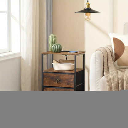 Side Table/Charging Station/Small with Outlets & USB Ports/Bedside Table/Drawer Storage/Rustic Brown