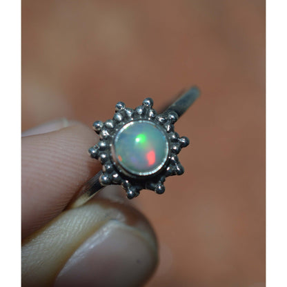 925 Sterling Silver Natural Opal / Labradorite /Moonstone/Labradorite/Amethyst /Turquoise/Chalcedony/Tigers Eye Round Flower Ring