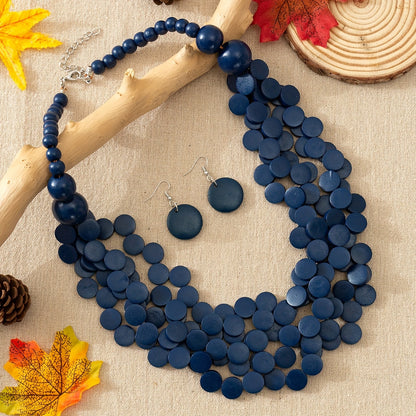 3pcs Bohemian Style Wooden Multi-Layer Necklace And Earrings 7 Colors Optional Women'S Jewelry Set
