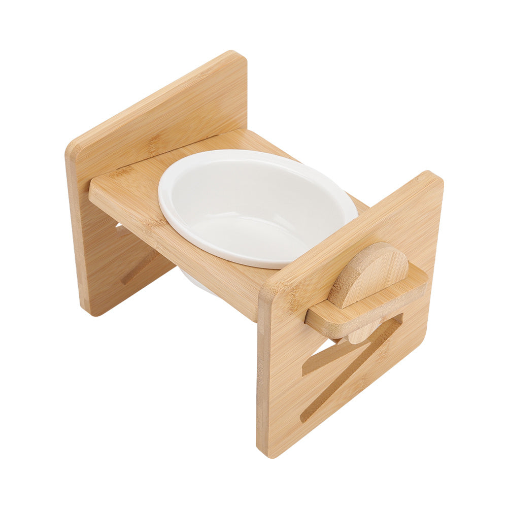 Raised Cat Bowl, Cat Bowls with Stand Tilted 15°, Adjustable Elevated Ceramic Cat Food Bowl for Cats and Small Dog, Adjustable Dog Bowl Stand - Raised Bamboo Stand with One, Two, or Three Ceramic Bowls for Feeding Small,Medium Sized Dogs, Cats,and Pets -