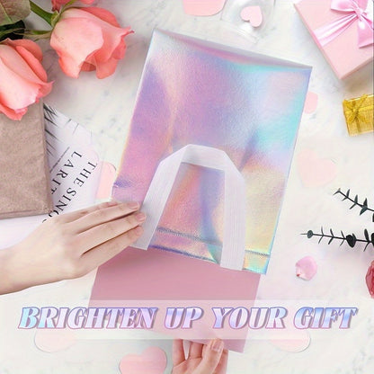 Gift For Her/Him Set of 15 Shimmering Holographic Bags Featuring Handles - Medium-Sized Tote Bags Ideal for Birthdays, Celebrations, Weddings, And Christmas - Vibrant Rainbow Sparkle Pattern, Sturdy Non-Woven Fabric
