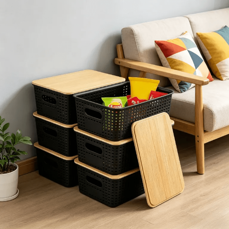 6-Pack Black Stackable Storage Bins with Bamboo Lids – Modern Lidded Plastic Boxes for Kitchen, Bathroom, Office, or Wardrobe Organization