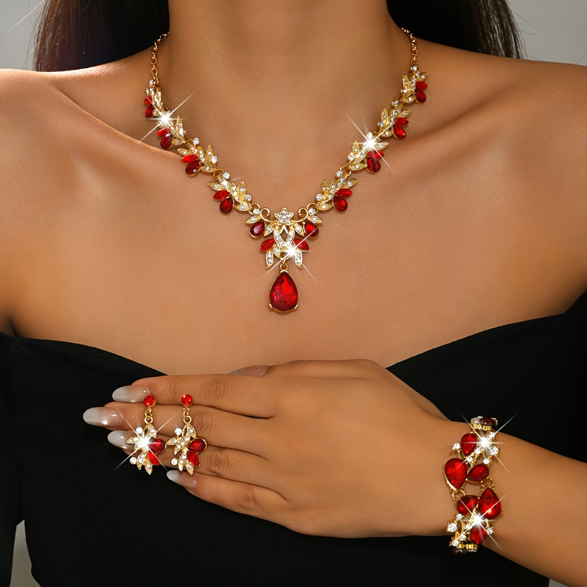 Luxury Blue Jewelry Three-Piece Set: Teardrop Pendant Necklace + Bracelet + Earrings, Women's Banquet Accessories