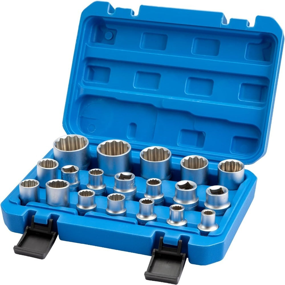 Spline Socket Set 19-Piece 1/2" Drive Metric 8-32mm Chrome Vanadium 12-Point CrV Socket Kit for Automotive & Mechanical Repair – Non-Slip Universal Wrench Set