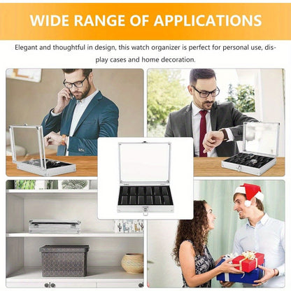 12 Slots Watch Box with Watch Display Storage Case Aluminium Watch Case with Removable Watch Cushion Display Lid Velvet Lining Metal Clasp for Men Women (Silver)
