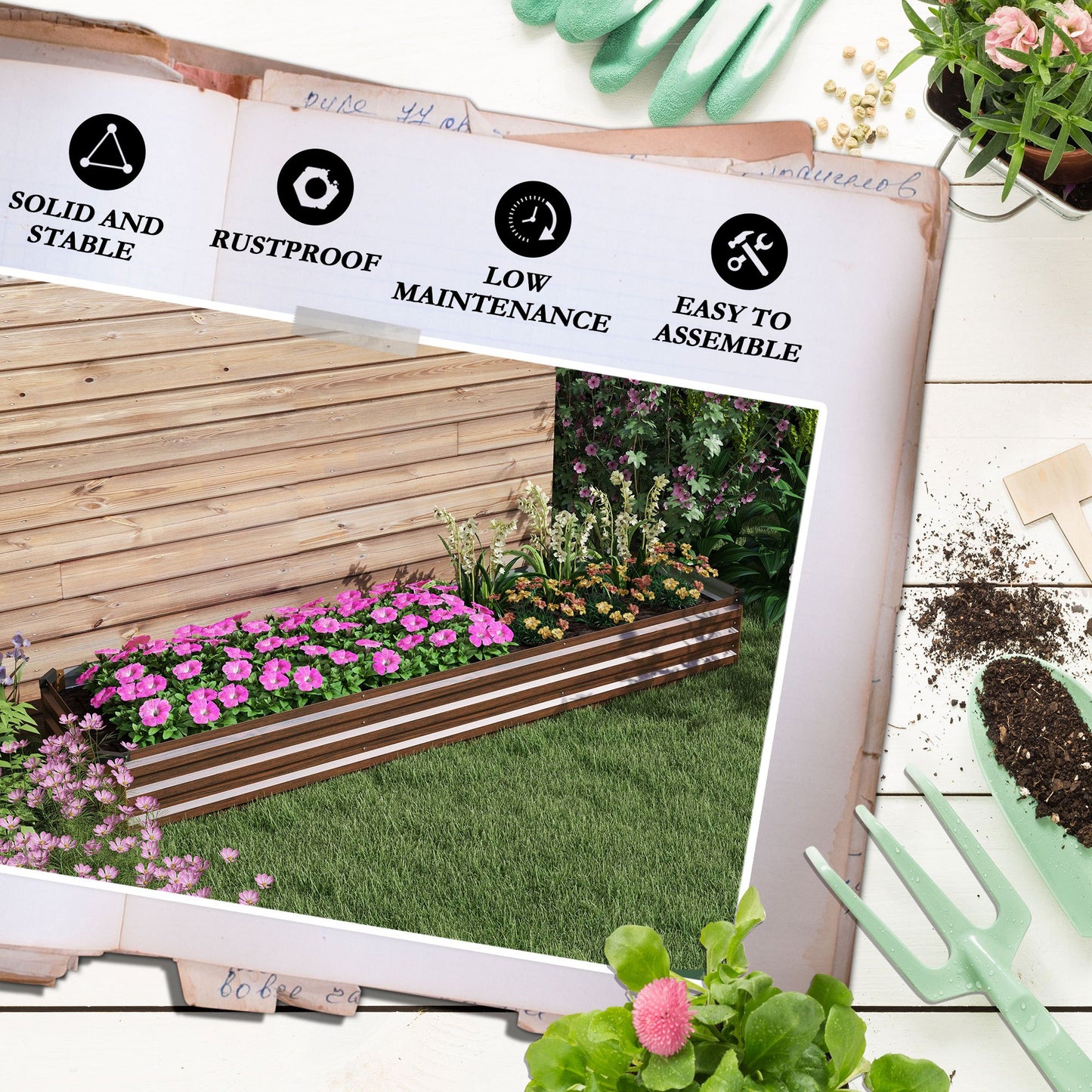 Galvanised Raised Bed for Garden, Rectangular Outdoor Elevated Planter Box with Safety Edging and Open Bottom for Growing Flowers, Herbs and Vegetables, 240 x 60cm, Grey