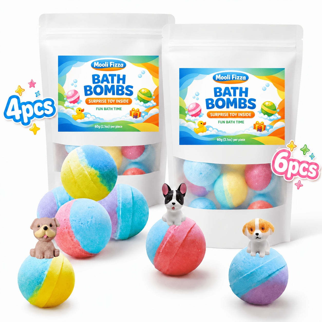 Mooli Fizza 4/6pcs Random Bath Bomb Gift Bag with Surprise Puppy Inside, 3 Styles Selected at Random, Bubble Bath Bombs for
