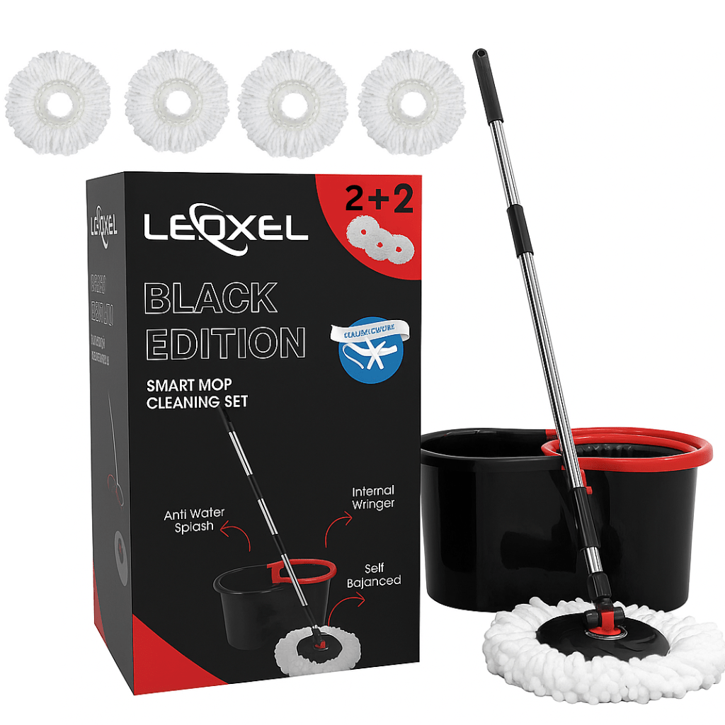 360° Spin Mop for Hard Floor – Cleaning Mop and Buckets Sets System with Easy Wring, Black 4 Reusable Microfiber Mop Heads – For Hardwood, Tile, Laminate, Vinyl Floors