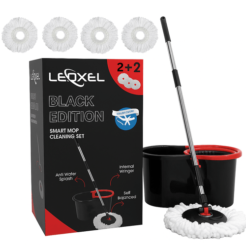 360° Spin Mop for Hard Floor – Cleaning Mop and Buckets Sets System with Easy Wring, Black 4 Reusable Microfiber Mop Heads – For Hardwood, Tile, Laminate, Vinyl Floors