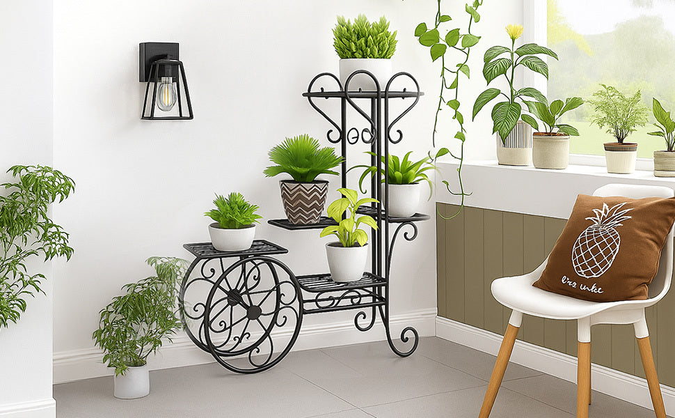 3 Tier Metal Plant Stand Indoor Outdoor, Decorative Flower Pot Display Rack Floor Standing Iron Planter Shelf for Garden, Balcony, Patio, Home Décor, Holds 4 Flower Pots
