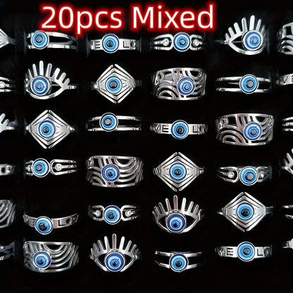 10/20/30/50pcs/Lot Vintage Stainless Steel Devil'S Eye Rings for Men And Women Wholesale Mix Design Blue Eyes Geometric Fashion Jewelry Mixed Model Random Shipment Without Box Opp Bag