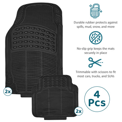 Heavy Duty Rubber Car Mats Universal Non Slip Floor Mats or Waterproof Boot Liner | Trim to Fit All Weather Protection for Cars, Vans, SUVs & Trucks