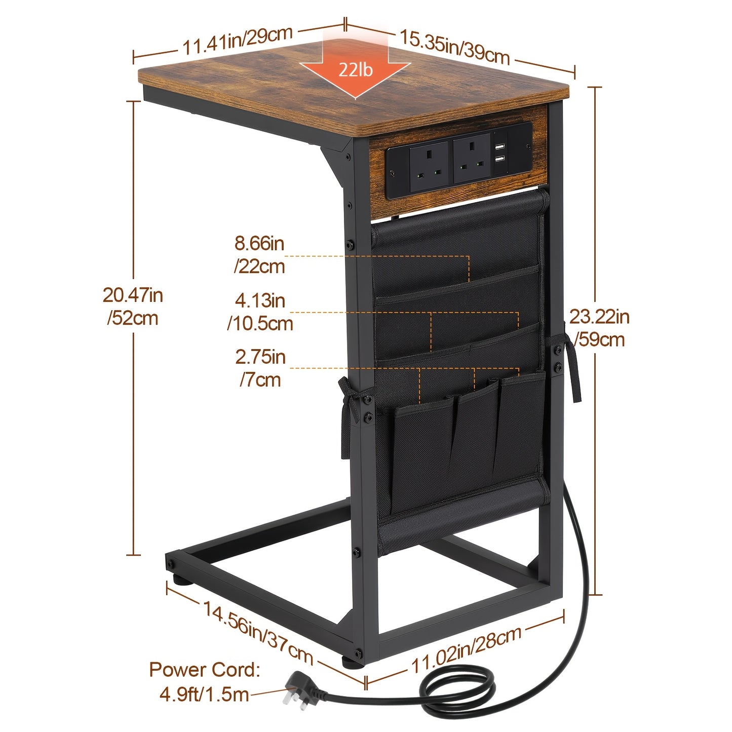 1pc/2pcs C-Shape Side Table with Charging Station, Bedside Table with Storage Bag, Coffee Table with Metal Frame for Living Room, Bedroom, Office