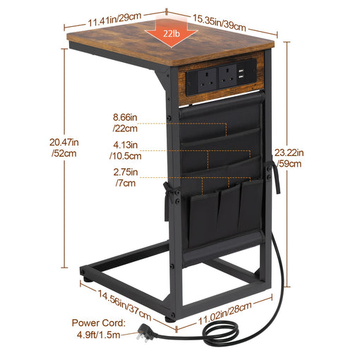 1pc/2pcs C-Shape Side Table with Charging Station, Bedside Table with Storage Bag, Coffee Table with Metal Frame for Living Room, Bedroom, Office