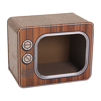 Retro TV Shaped Cat Scratcher Bed - Corrugated Cardboard Cat House with Full Surfaces Scratching | Cozy Hideaway & Play Area | Durable Furniture Protector for Indoor Cats