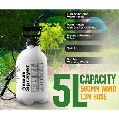 Garden Sprayer 5 litre Pressure Sprayer Pump Action, Weed Killer,Water Pump Sprayer, Ideal with Pesticides, Insecticides, Fungicides.