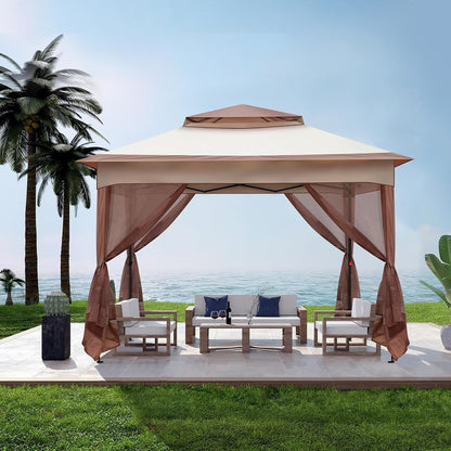 3.3m x 3.3m Gazabo with Mosquito Netting Sides, Garden Heavy Duty Pavilion Canopy Tent, Metal Pergola for Wedding Event