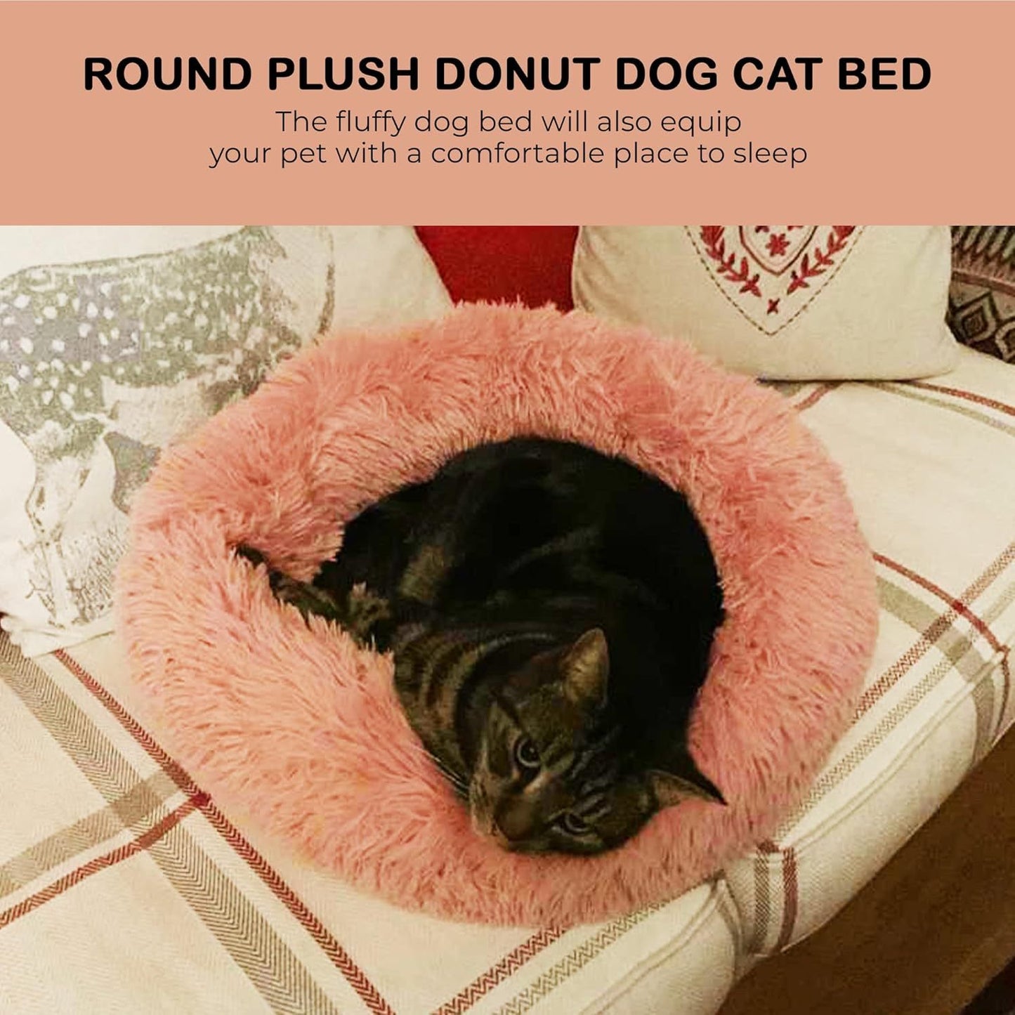 40/50/60/70cm Round Plush Donut Dog/Cat Bed Cuddler Pet Cushion Self-Warming Bed Washable Dog Bed with Non-Slip and Waterproof Bottom Calming Dog Bed