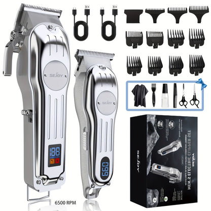 SEJOY Cordless Hair Clippers for Men Professional T-Blade Trimmer Kit – LED Display 4500-7000RPM – Barber Grooming Set Silver Blue Gold