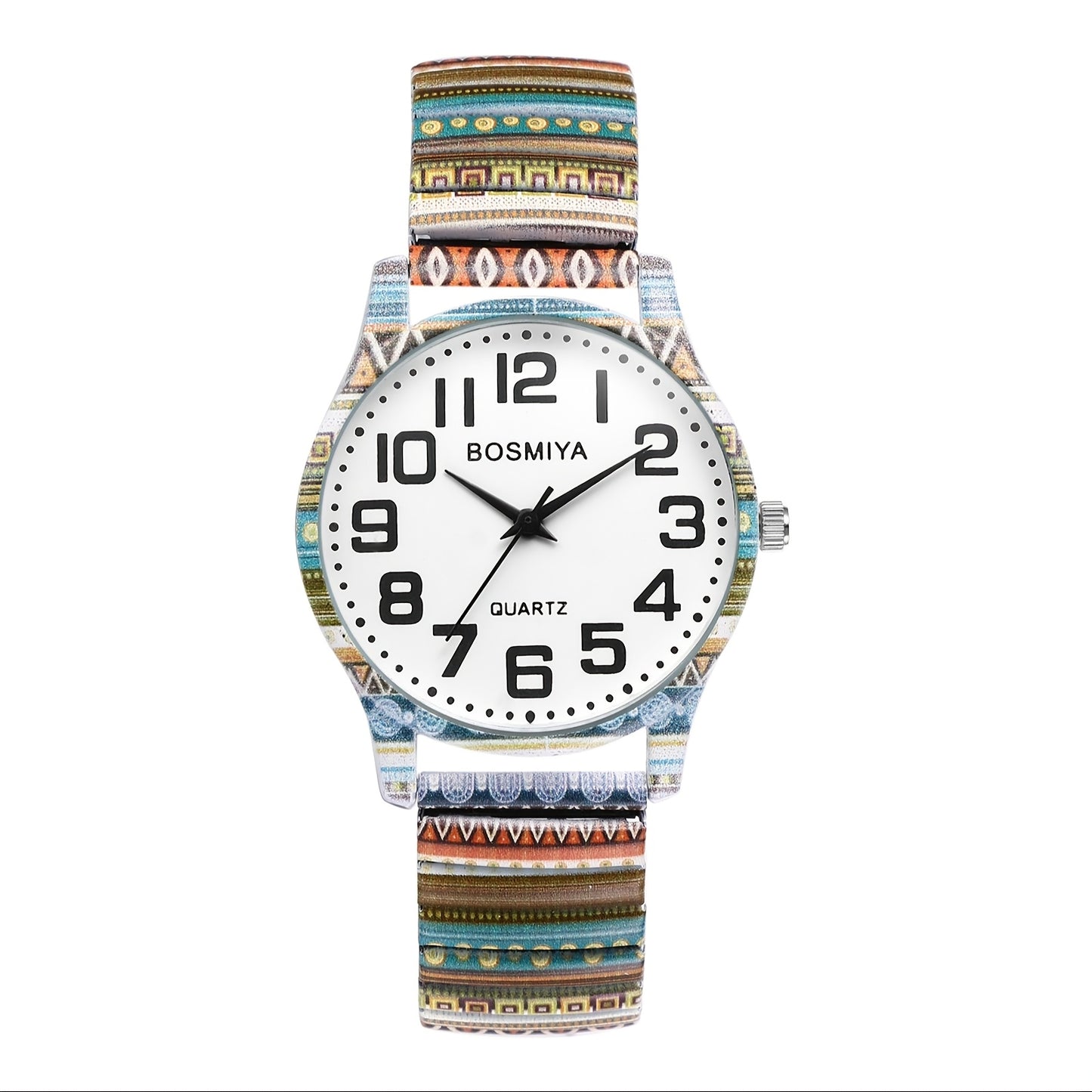 Bohemian Women's Stretch Watch, Analog Quartz Wristwatch, Large Arabic Numerals Scale, Clear And Easy to Read, Round Case, Printed Decorative Stainless Steel Strap, Suitable for Casual, Business Wear, Mother's Day Christmas Birthday Gift