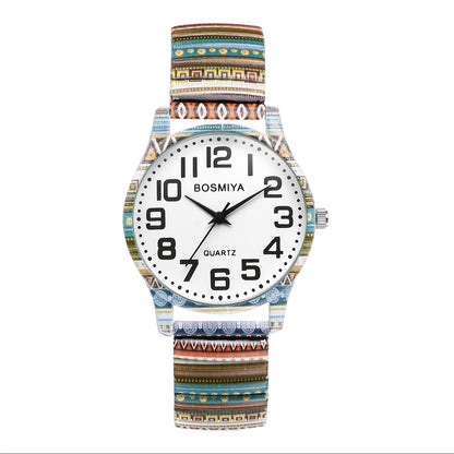 Bohemian Women's Stretch Watch, Analog Quartz Wristwatch, Large Arabic Numerals Scale, Clear And Easy to Read, Round Case, Printed Decorative Stainless Steel Strap, Suitable for Casual, Business Wear, Mother's Day Christmas Birthday Gift