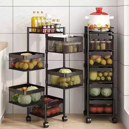 Kitchen Storage Trolley 6 Tier Rotating Utility Cart, 360° Mobile Fruit & Vegetable Rack with Lockable Wheels, Space Saving Steel Shelf Organiser for Kitchen, Bathroom, Living Room & Office