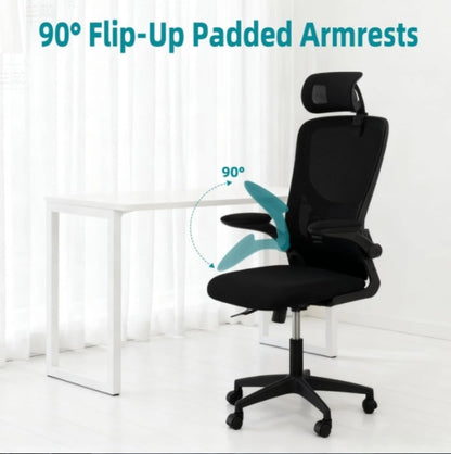 Ergonomic Mesh Office Chair with Adjustable Lumbar Support, Headrest & Flip-Up Armrests – Breathable High-Back Desk Chair for Home Office, Supports up to 150kg, Black
