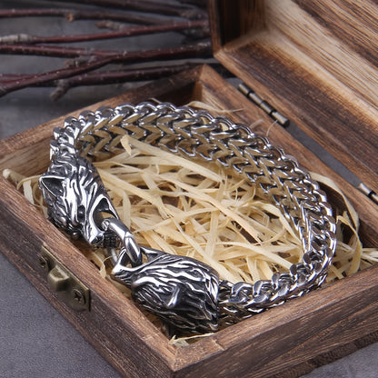 Viking Wolf Head Bracelet for Men, Stainless Steel Mesh Chain, Fade-Resistant, No Box