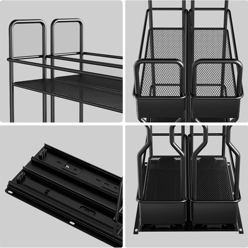 2 Tier Pull Out Spice Rack for Inside Cupboard, Sliding Spice Rack Cabinet Organiser Rack Metal Seasoning Rack Free Standing, Black