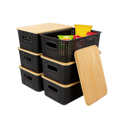 6-Pack Black Stackable Storage Bins with Bamboo Lids – Modern Lidded Plastic Boxes for Kitchen, Bathroom, Office, or Wardrobe Organization