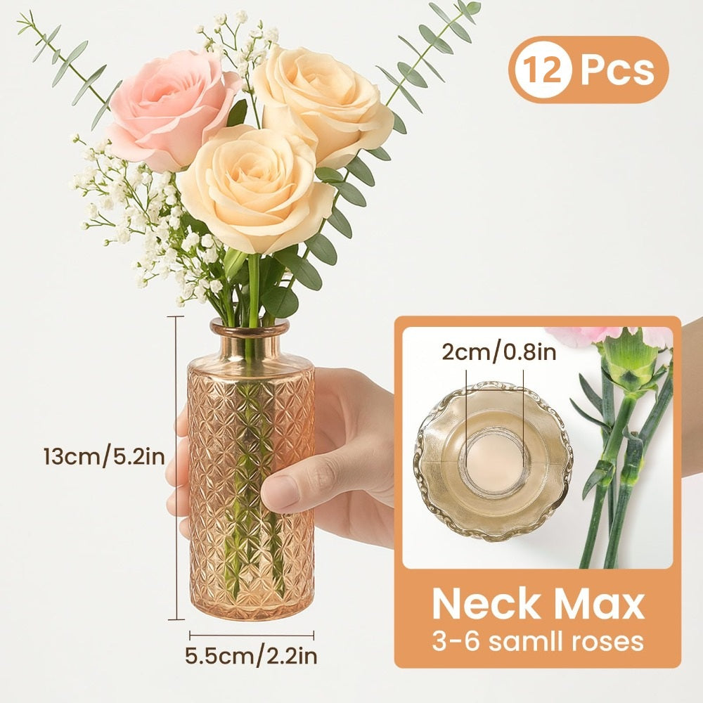 A set of 12 glass bud vases, small retro glass vases, minimalist retro dining table center decorations, home decor, wedding parties, restaurants, floral arrangements, tea lights, candle holders, desktop decorations