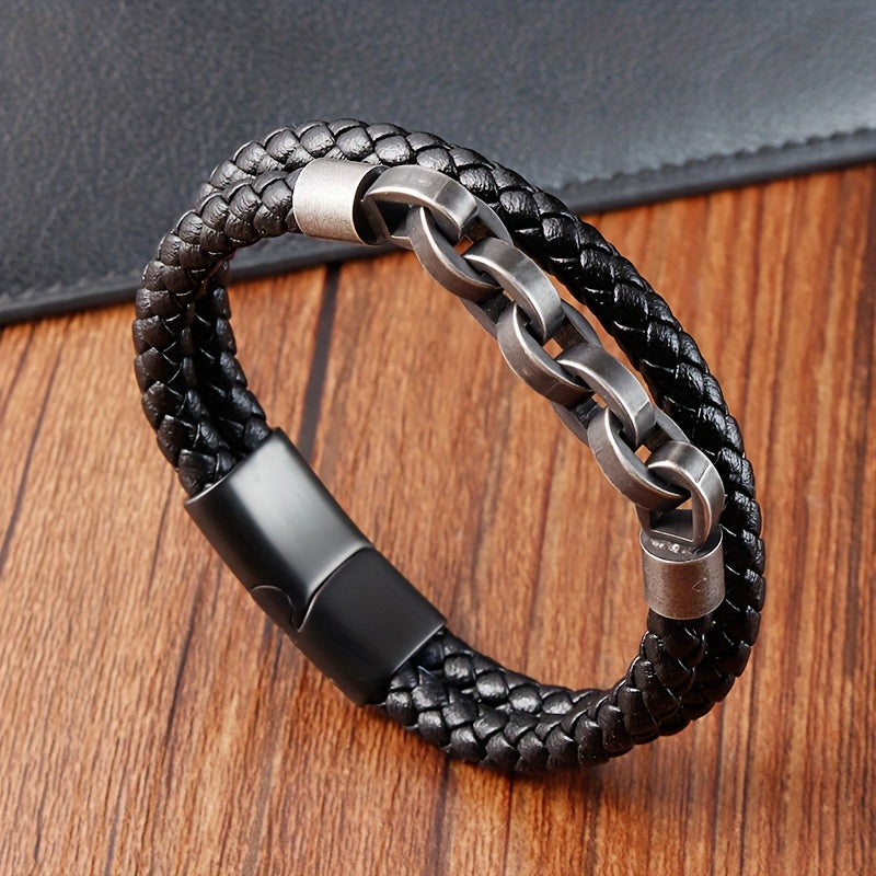 Men's Handmade 316L Stainless Steel Bracelet with Black Leather Chain and Magnetic Clasp, Vintage Jewelry