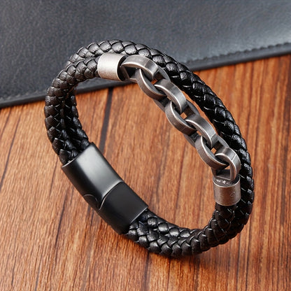 Men's Handmade 316L Stainless Steel Bracelet with Black Leather Chain and Magnetic Clasp, Vintage Jewelry