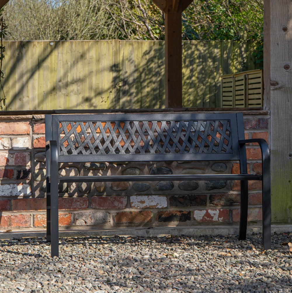 Garden Bench 2 Seater Metal with Lattice Backrest – Keswick Outdoor Patio Bench, Black Powder Coated Weather Resistant Frame, 119cm, Seats 2, Max 220kg