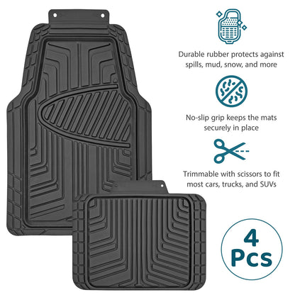 Heavy Duty Rubber Car Mats 4 Piece Set | Universal Non Slip Floor Mats | Cut to Fit All Weather Mats for Cars, Vans, SUVs & Trucks