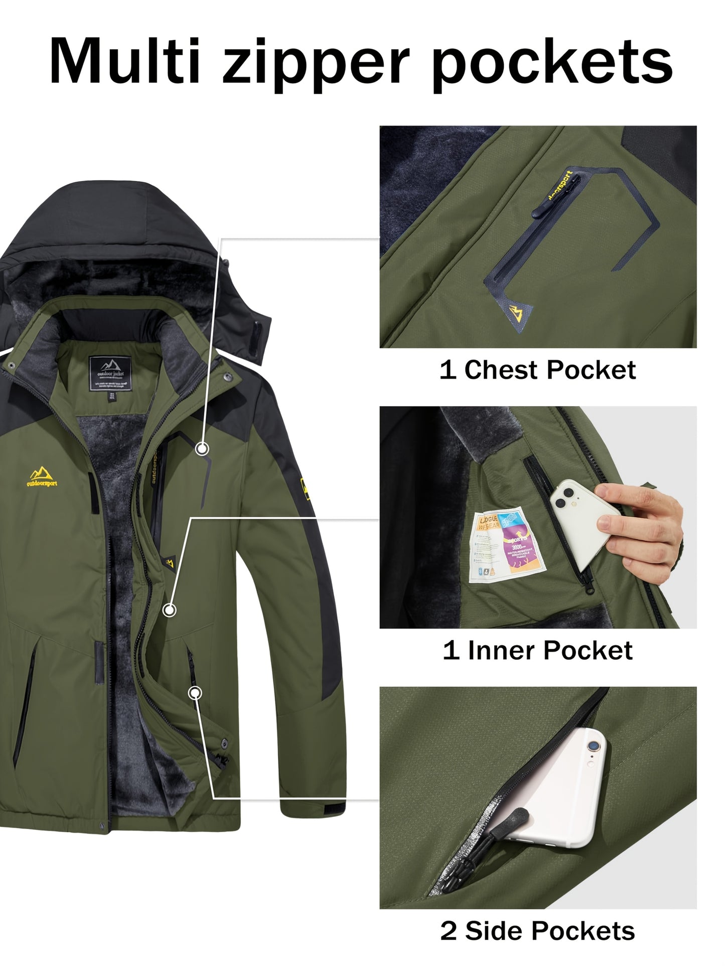 Men'S Ski Jacket Winter Warm Fleece Lined Coats Outdoor Snowboard Thermal Hiking Parka Chest Pockets Hooded Jogging Camping Fishing Climbing Casual Windbreaker
