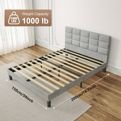 Bed Frames Velvet Upholstered Platform Bed Frame with Headboard and Strong Wooden Slats No Box Spring Needed