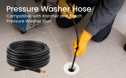 30M Pressure Washer Drain Cleaning Hose Kit Sewer Jetter Hose 5800PSI/400Bar for Washer Gun Includes 4 Adapters, 2 Corner & Rotating Nozzles for Cleaning Sewers, Sinks and Drains.