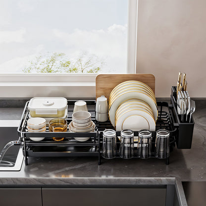 Adjustable Multi-Functional Dish Drainer Rack for the Kitchen, Wrought Iron Kitchen Utensil Rack, Large Capacity Storage Organiser with Drain Board, Utensil Rack, and Cup Hooks, Foldable Design to Save Space, Ideal for Drying Plates, Bowls, Pots, and Uten